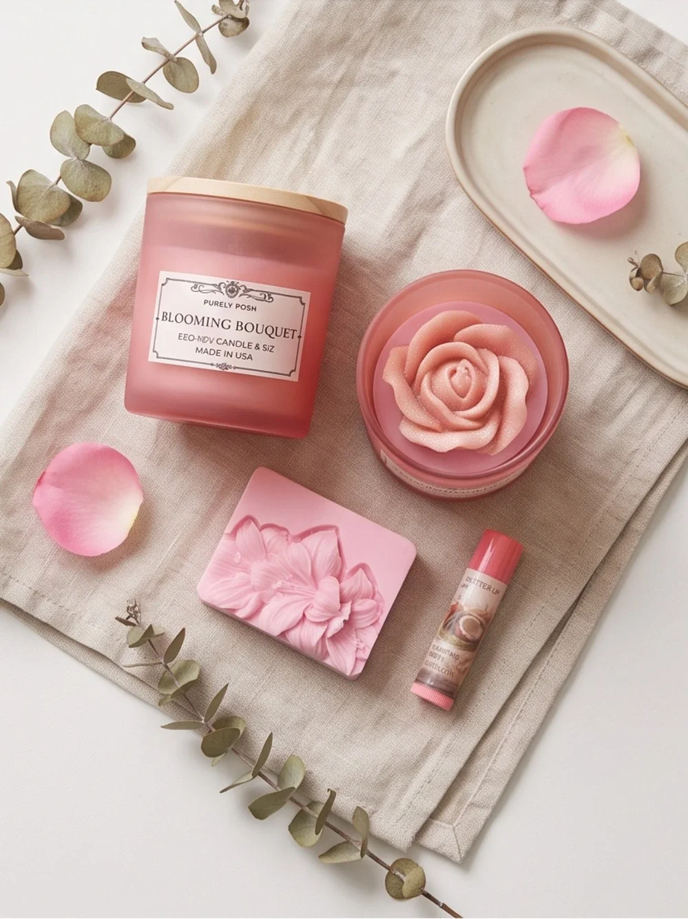 Blooming Bouquet Pink Floral Soy Candle • Soap • Lip balm In window Gift box set